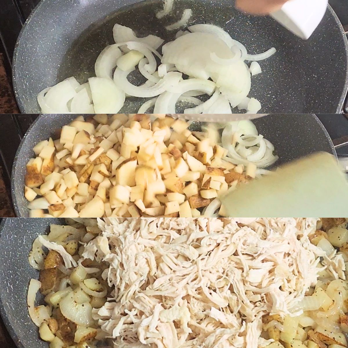  cook the onions and potatoes with the chicken. 