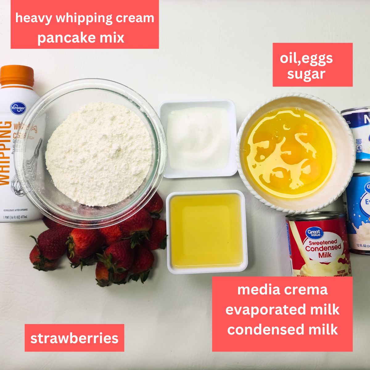 ingredients for the strawberry tres leches cake 