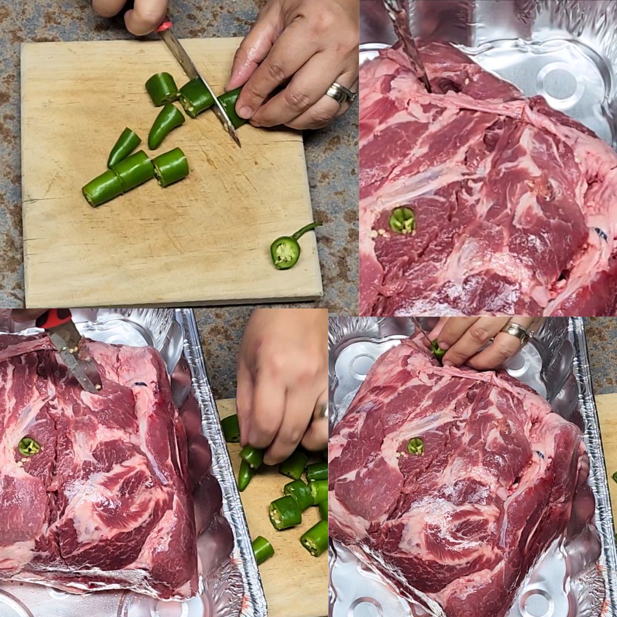 fill the meat with the serranos and raisins.