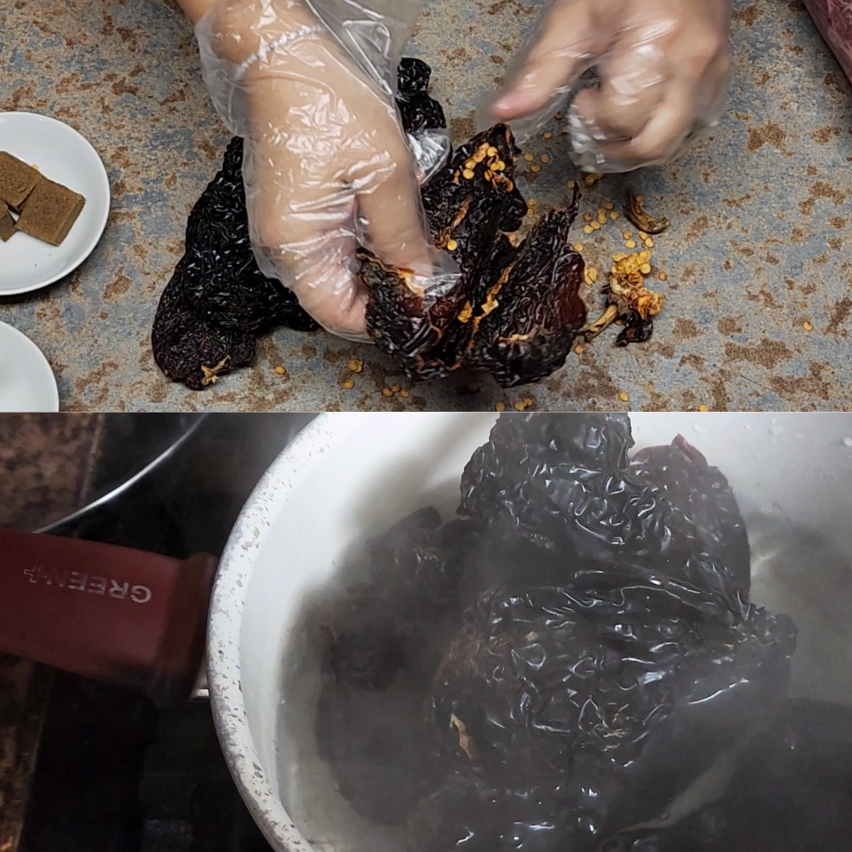 peel the chiles for the adobo de pierna de puerco.