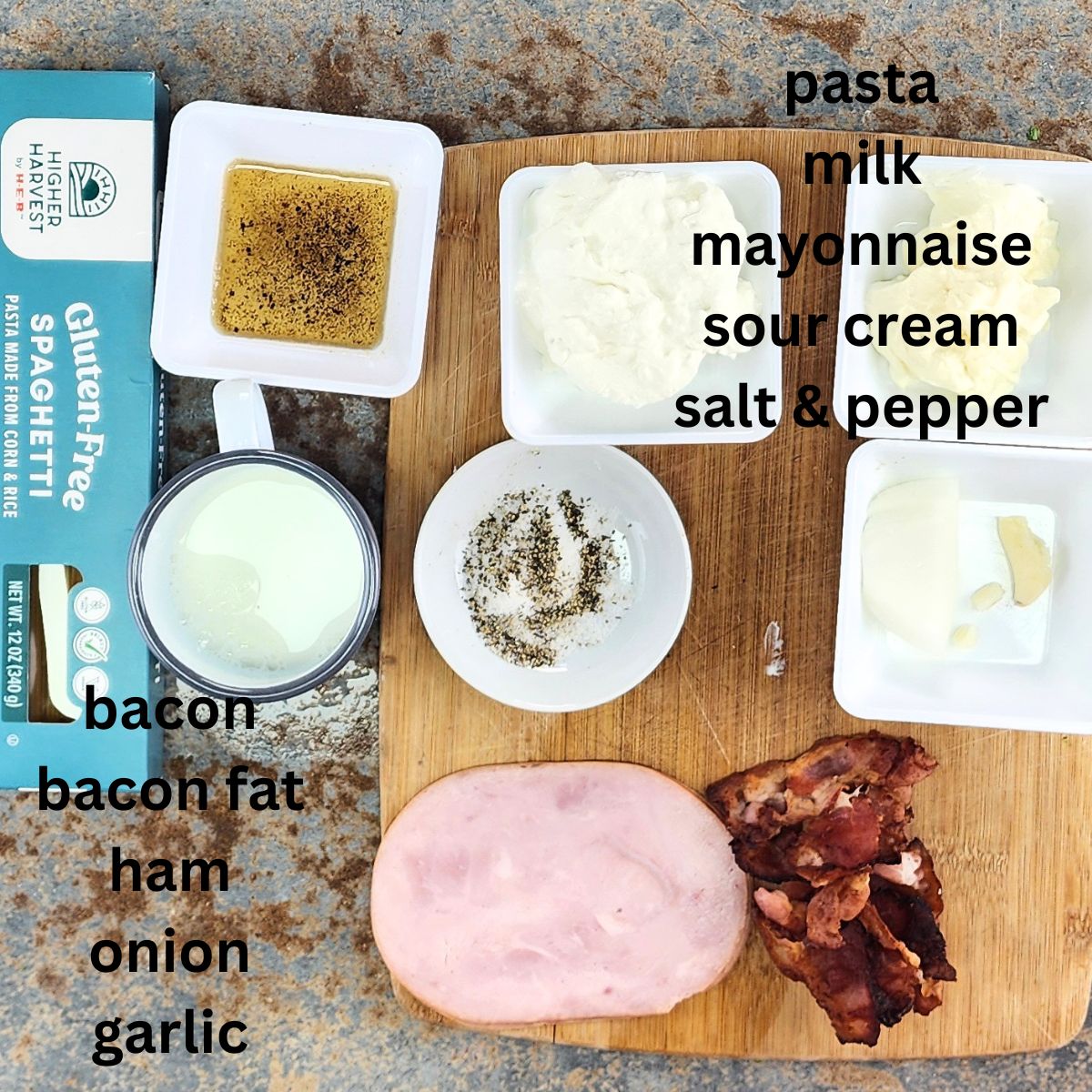 ingredients for the MEXICAN WHITE BACON SPAGHETTI.